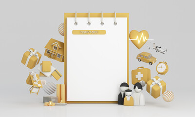 Insurance company client take out complete insurance concept for text. Assurance and insurance: car, real estate and property, travel, finances, health, family and life. realistic cartoon -3d render