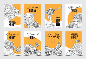 Honey hand drawn banners or badges set, sketch style vector illustration.