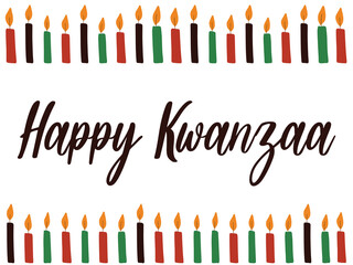 Happy Kwanzaa - banner with candles and cursive calligraphy lettering. African American ethnic heritage cultural holiday. Colorful bright greeting card, social media post