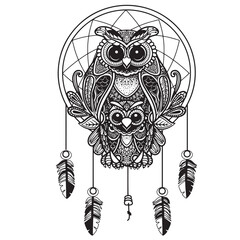OWL and Dream catcher Black white hand drawn doodle. Ethnic patterned vector illustration.