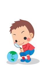 虫メガネで地球を観察する可愛い小さな男の子のイラスト　SDGs　白背景　クリップアート　全身