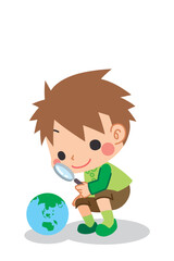 虫メガネで地球を観察する可愛い小さな男の子のイラスト　SDGs　白背景　クリップアート　全身