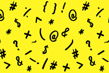 pattern with the image of keyboard symbols. Punctuation marks. Template for applying to the surface. yellow background