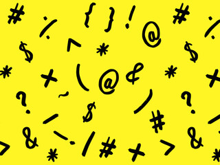 pattern with the image of keyboard symbols. Punctuation marks. Template for applying to the surface. yellow background