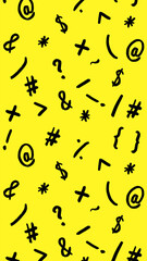 pattern with the image of keyboard symbols. Punctuation marks. Template for applying to the surface. yellow background. Vertical image.
