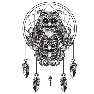 recommend clip art: OWL and Dream catcher Black white hand drawn doodle. Ethnic patterned vector illustration.