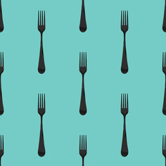 Seamless pattern. Fork top view on pastel green blue background. Template for applying to surface. Square image. Flat lay. 3D image. 3D rendering.