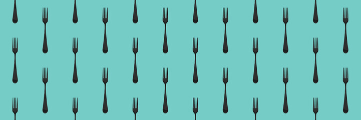 pattern. Fork top view on pastel green blue background. Template for applying to surface. Banner for insertion into site. Flat lay. 3D image. 3D rendering.
