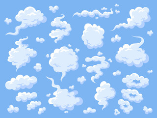 White clouds set on blue background. Cartoon fluffy smoke shapes, cloudy collection, vector illustration