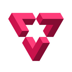 Impossible red triangle. Penrose shape. Esher geometric object. Optical illusion visual effect. Logo template made of three symmetric parts with star in the middle. Vector illustration, 3D, clip art. 