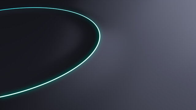 Black Surface with Embossed Shape and Turquoise Illuminated Trim. Tech Background with Neon Circle. 3D Render.