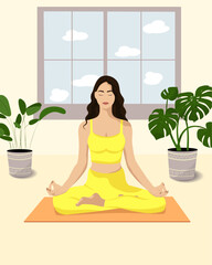 Young woman sitting and meditating in room. Illustration for yoga, meditation, relax