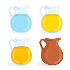 Collection of jugs with juice, water and milk. Set of vector illustrations of glass and ceramic decanters for drinks.