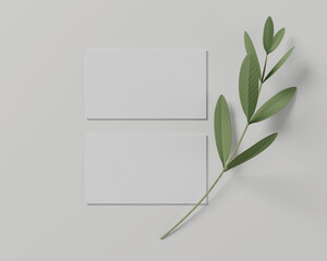 Minimal business cards mockup with leafs isolate on white background, copy space for your design, 3d rendering studio