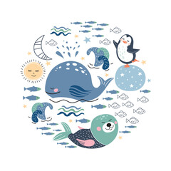 Circular illustration with cute cartoon whales, seals, fish, penguins. Winter background.