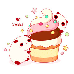Cute animals in kawaii style. Two funny fat pandas with cupcake. Inscription So sweet. Can be used for t-shirt print, stickers, greeting card design. Vector illustration EPS8