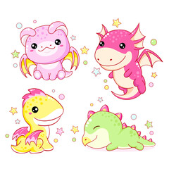 Set of kawaii fairy tale characters. Little dragons in various poses  - flying, sitting, smiling, sleeping. Collection of funny happy baby dragons. Cute fairytale collection. Vector EPS8