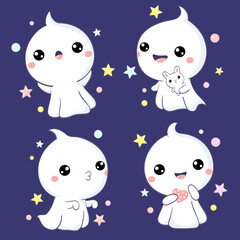 Set of cute ghosts with different emotions in kawaii style. Halloween collection of little ghosts with toy, pink heart. Vector illustration EPS8