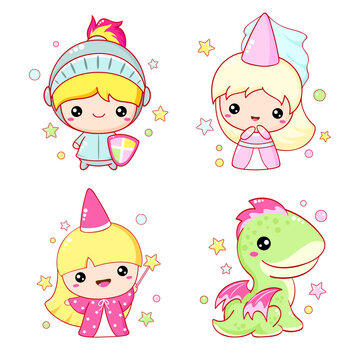 Set of kawaii fairy tale characters. Little princess, knight, fairy and dragon. Cute fairytale collection of funny happy baby characters. Vector illustration EPS8