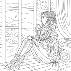 Girl sitting near window and look at nature. Relax at home watching weather. Coloring book page for adult with doodle and zentangle elements. Vector hand drawn isolated.