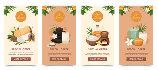 Social media stories and front page cover templates spa collection. Special offer design with exotic flowers, bamboo leaves, cosmetics, aromatherapy. Promotional spa salon branding vector Illustration