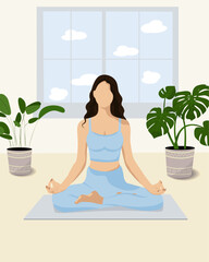 Young faceless woman sitting and meditating in room. Illustration for yoga, meditation, relax