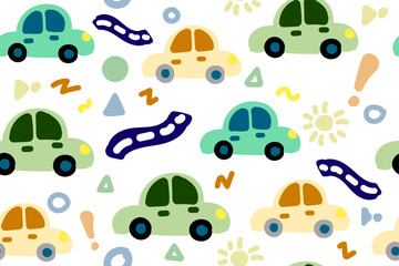 Cute car seamless pattern. Kids hand drawn automobile background. Doodle boy transport wallpaper