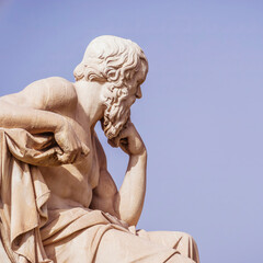 Socrates' marble statue, the famous ancient Greek philosopher, in a thoughtful representation....