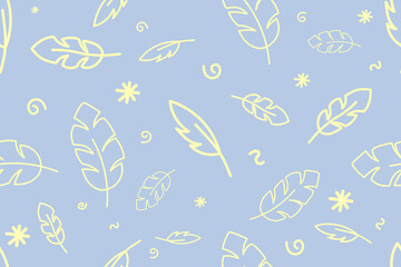 Vector seamless pattern with beige falling feathers on a blue background, doodle style for fabric textile, wrapping