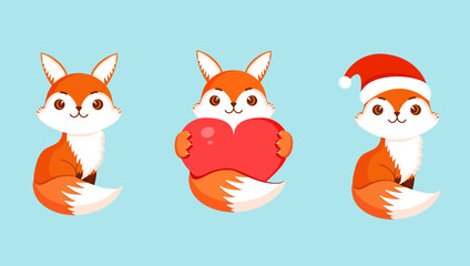 Cartoon cute set of foxes for different holidays: christmas, valentine's day, summer. Vector illustration of a forest red fox on an isolated background. Animal character design.
