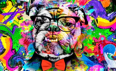 Poster abstract colored dog muzzle isolated with glasses on colorful background © reznik_val