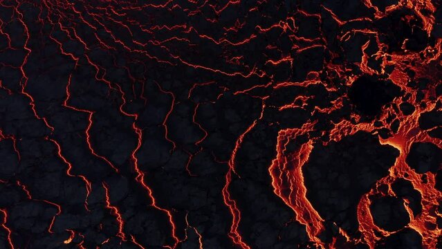 Wrinkle cracked black basalt surface on top of molten lava river, top down