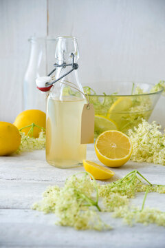 Studio shot of bottle of elderflower syrup