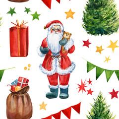 Holiday winter seamless pattern with watercolor red truck, fir tree. Santa Claus, Christmas tree