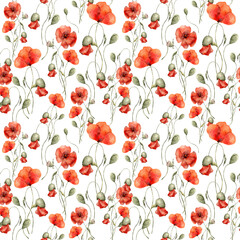 Wild flowers watercolor seamless pattern botanical hand drawn illustration