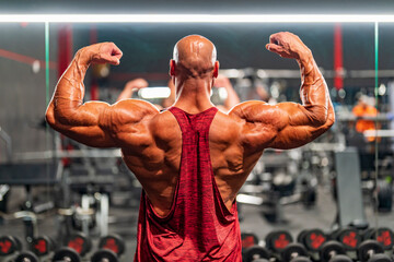 Bodybuilder flexing muscular back standing in gym