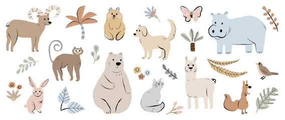 Set of cute animal vector. Friendly wild life with hippo, bear, rabbit, bird, squirrel, cat in doodle pattern. Adorable funny animal and many characters hand drawn collection on white background.