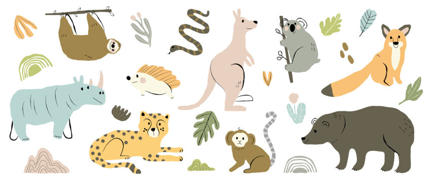 Set of cute animal vector. Friendly wild life with koala, kangaroo, fox, leopard, bear, sloth in doodle pattern. Adorable funny animal and many characters hand drawn collection on white background.