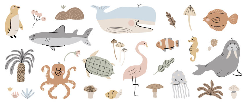 Set of cute animal vector. Friendly wild life with whale, shark, octopus, penguin, fish, turtle in doodle pattern. Adorable sea animal and many characters hand drawn collection on white background.
