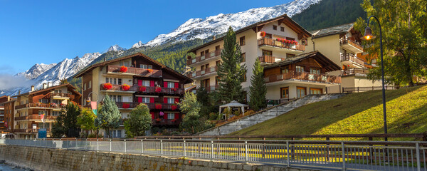 Zermatt, Switzerland street view and snow mountain peaks