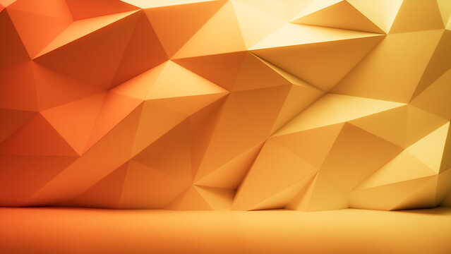Orange and Yellow 3D Polygon Wall. Futuristic Interior Design Wallpaper.