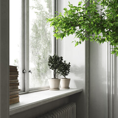 3d scene. Main plan of a window sill with basic decorative elements. Light colored walls. illuminated with natural light. Radiator detail under the window