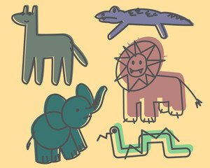 groovy outline animals set, comic doodle animals set for print