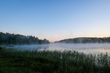 Very beautiful sunrise in summer over a foggy lake. Early morning in summer in nature. Defocused