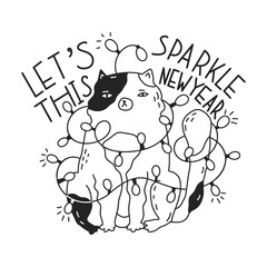 The cat sits with a displeased look entangled in a garland with light bulbs. New year sticker with funny cat. Greeting card for holiday party. Flat style in vector illustration. Isolated object.