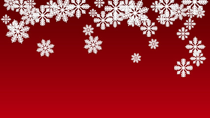 Christmas  Vector Background with Falling Snowflakes. Isolated on Red Background. Realistic Snow Sparkle Pattern. Snowfall Overlay Print. Winter Sky. Papercut Snowflakes.