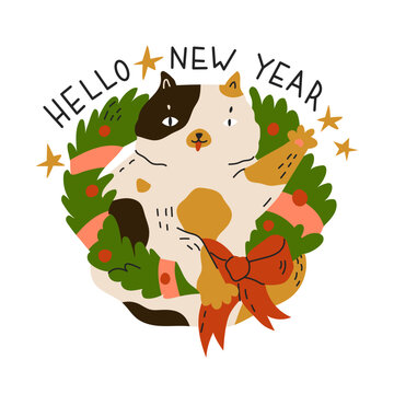 The cat waves its paw through the Christmas wreath. Hello new year quote. New year sticker with funny cat. Greeting card for holiday party. Flat style in vector illustration. Isolated object.