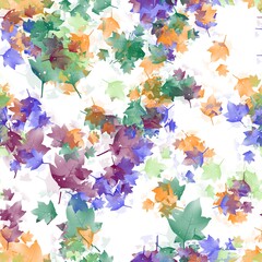 Violet, green, orange and deep red leaves on thewhite background. Seamless texture. Autumn foliage pattern.
