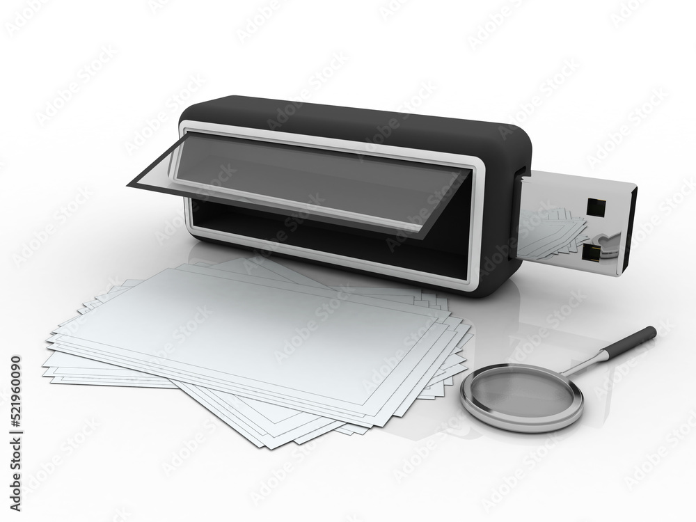 Poster 3d rendering document with pendriver near lens