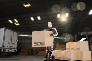 Robot arm Hold Box Object for manufacturing industry technology Product export and import of future Robot cyber in the warehouse by hand mechanical future technology